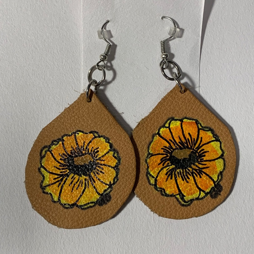 Handmade tan leather teardrop earrings with orange hand painted flower blossom
